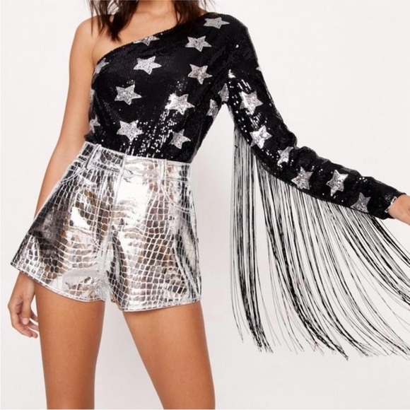 Nasty Gal Pants - Nasty Gal Metallic Croc-Embossed High Waist Shorts
